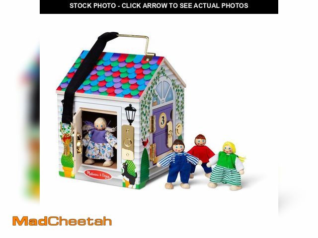 Lot 74-13583337 - Melissa &amp; Doug Take-Along Wooden Doorbell Dollhouse - Doorbell Sounds, Keys, 4 Poseable Wooden D...