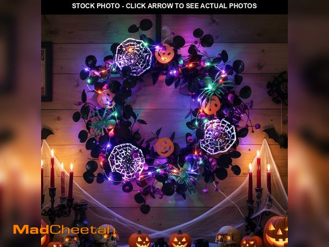 Lot 74-12711538 - Enhon 16 Inch Halloween Wreath for Front Door with 40 LED Lights, Multicolor Halloween Door Wreath D...