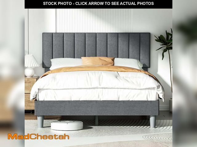 Lot 74-12802921 - BabyQueen Upholstered Full Bed Frame with Headboard, Gray Fabric Full Size Platform Bed Frame with W...