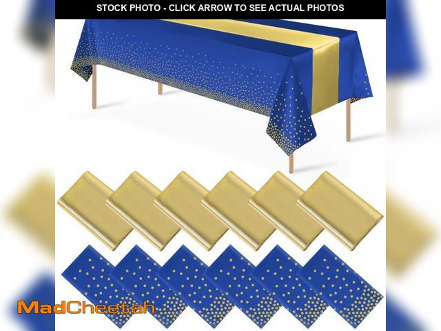 Lot 74-12431570 - 12Pack Disposable Plastic Tablecloths and Satin Table Runner Set Blue and Gold Dot Tablecloth Gold S...