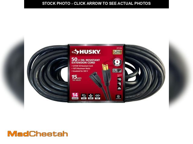 Lot 74-14223032 - Husky 50 ft. 14/3 Medium Duty Indoor/Outdoor Oil Resistant Extension Cord, Black - UNUSED