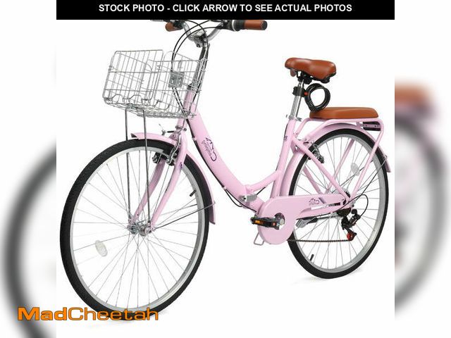 Lot 74-14353935 - Ktaxon 24 Inch Folding Beach Cruiser Bike, 7 Speed Womens Bike with Foldable Basket, Lock &amp; Rack...