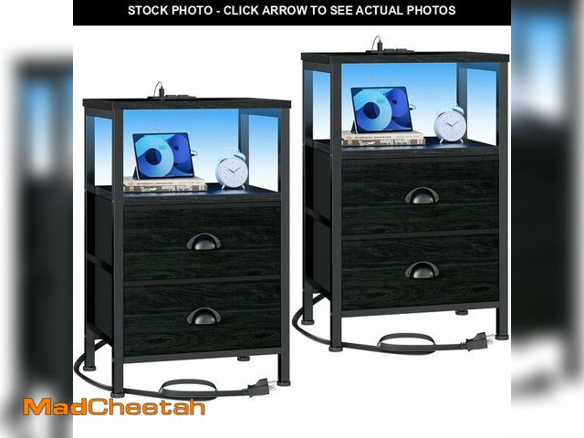 Lot 74-13583903 - Furologee Nightstands Set of 2, End Tables with Charging Station and LED Lights, Black Night Stands ...