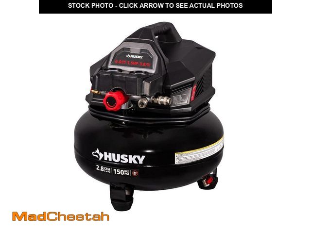 Lot 74-14312820 - Husky 6 Gal. 150 PSI Portable Electric Oil-Free Jobsite Pancake Air Compressor with Dual Pressure Ga...