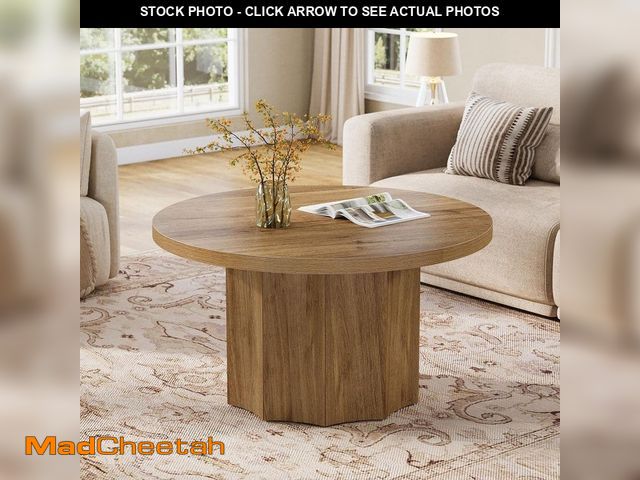 Lot 74-13047289 - BYBLIGHT Allan 31.49 in. Farmhouse Natural Round Wood Coffee Table with Wavy Base, Farmhouse Accent ...