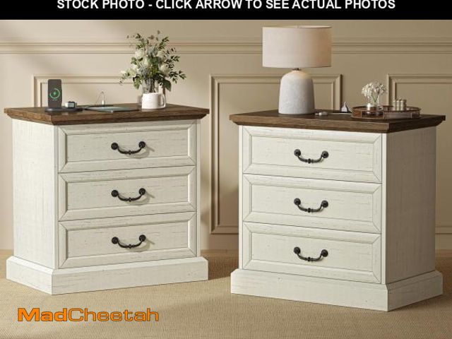 Lot 74-12363159 - Huuger Nightstand with Charging Station, 3 Drawer Night Stand Set of 2, 22 Inch Wider Side Table wit...