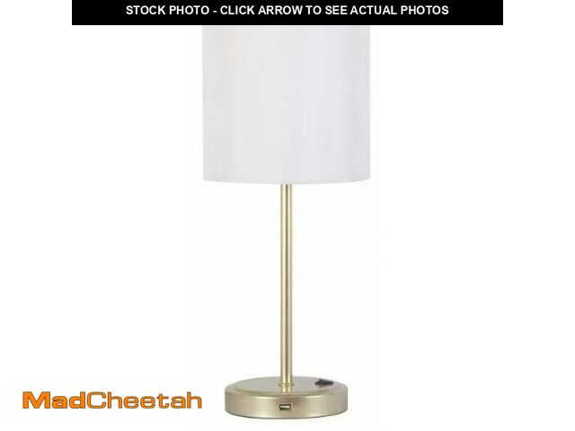 Lot 74-12537174 - Mainstays 19" Modern Gold Stick Table Lamp with White Fabric Shade and USB Port - UNUSED