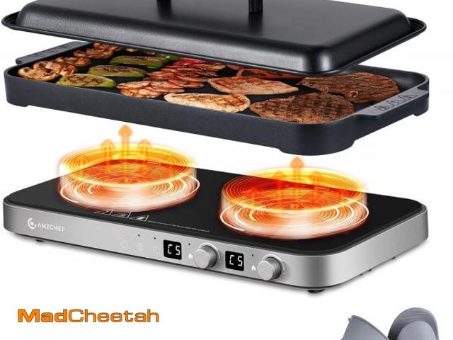 Lot 74-12043579 - AMZCHEF Double Induction Cooktop with Removable Griddle Pan Non-stick, 1800W 2 burner Portable Induc...