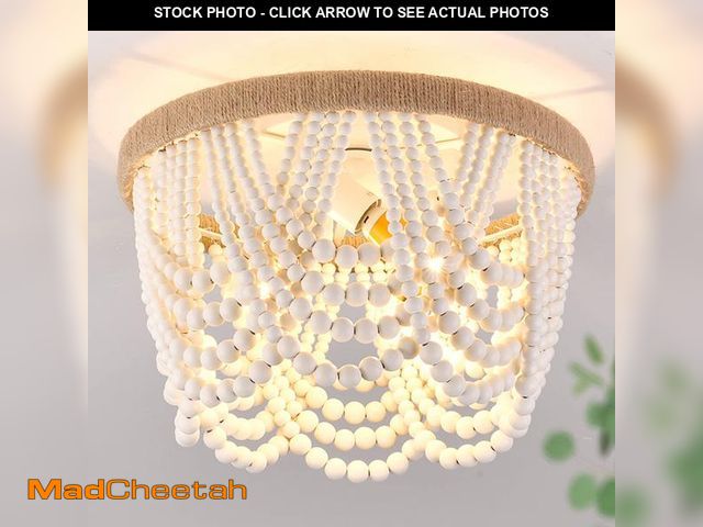 Lot 74-12434129 - Capslpad Wood Beaded Flush Mount Ceiling Light Antique Rustic Mini Chandelier 3-Light White Boho Lig...