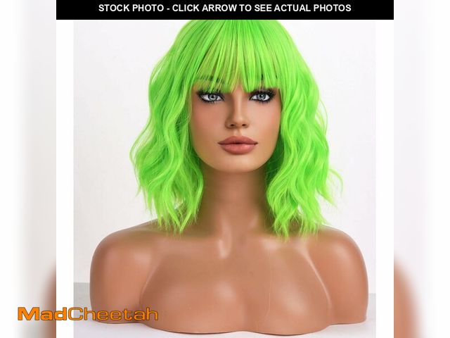 Lot 74-14265093 - BERON Neon Green Wig for Women Short Curly Wig with Bangs Girls Bright Green Coloredl Wavy Hair Wigs...