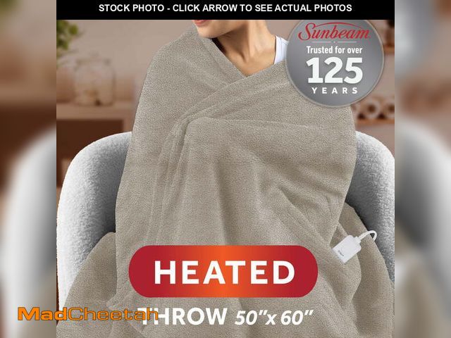 Lot 74-12686134 - Sunbeam Electric Heated Throw Blanket Taupe Polar Fleece 4 Heat Settings Auto-Off 50x60 - UNUSED
