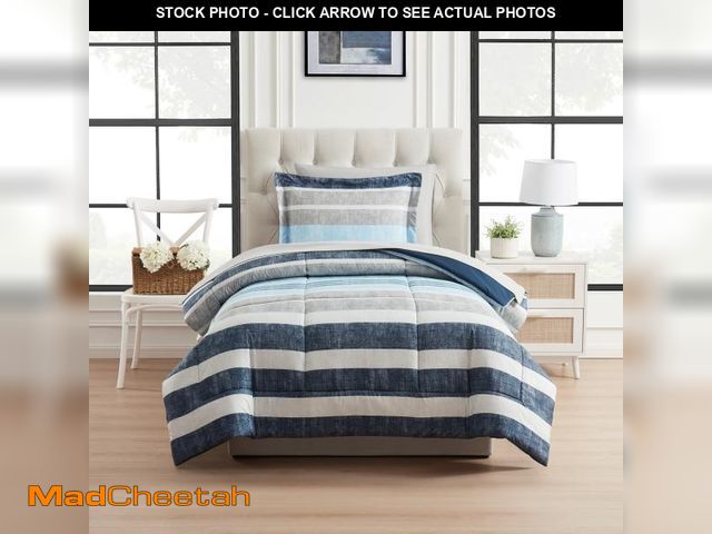 Lot 74-12406664 - Mainstays Reversible 5 Piece Bed in a Bag Comforter Set with Sheets, Blue Stripe, Twin-XL - UNUSED