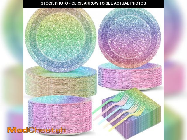 Lot 74-12431730 - 200PCS Rainbow Birthday Party Plates Napkins Forks Rainbow Glitter Tableware Set Happy Birthday Dinn...