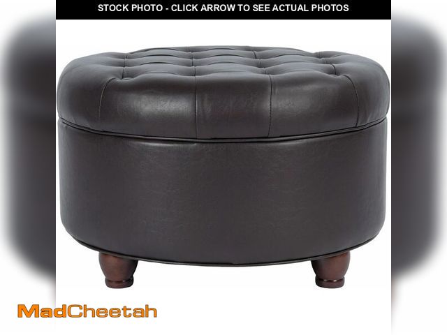 Lot 74-13709775 - Homepop Home Decor | Button Tufted Faux Leather Round Storage Ottoman | Ottoman with Storage for Liv...