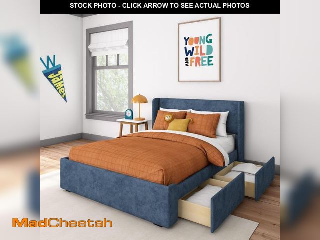 Lot 74-12141197 - Max &amp; Lily Upholstered Full Bed Frame with Rectangular Headboard and Two Storage Drawers, Uphols...