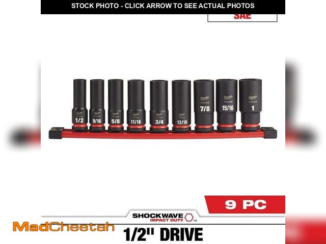 Lot 74-14605493 - Milwaukee SHOCKWAVE Impact Duty 1/2 in. Drive SAE Deep Well Impact Socket Set (9-Piece) 49-66-7022 -...