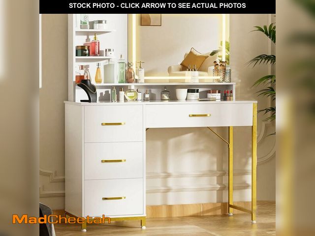 Lot 74-13075973 - COMHOMA Vanity Desk with Mirror and Lights, Makeup Vanity Table with 4 Drawers &amp; Storage Shelves...