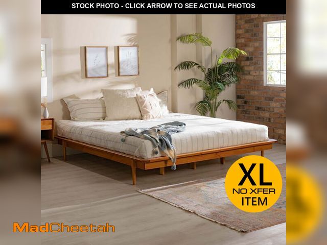 Lot 74-13776483 - Walker Edison Mid Century Modern Wood Platform King Bed, Caramel - UNUSED