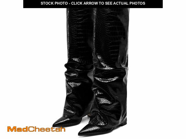 Lot 74-12706246 - Synchoiss Black Boots for Women Wide Calf Pointed Toe Knee High Boots Fashion Chunky Heel Fold Over ...