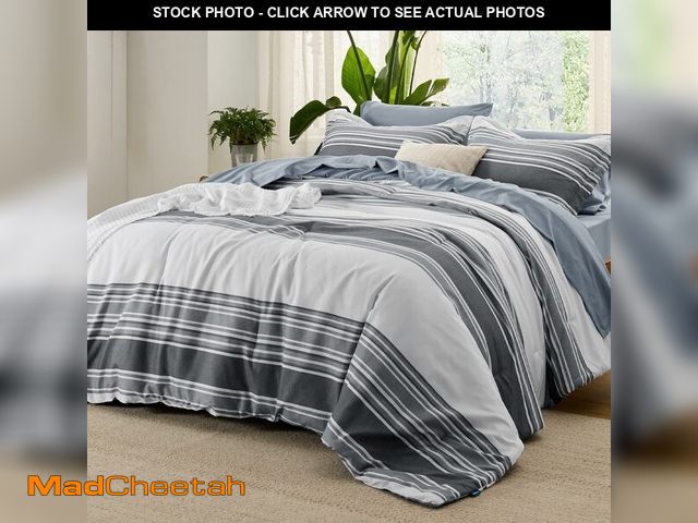 Lot 74-12709797 - Bedsure Queen Comforter Set 7 Pieces, Dark Grey Striped Bedding Set for All Seasons, Reversible, Cat...