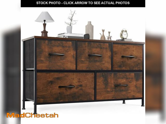Lot 74-13382477 - OLIXIS 5 Drawer Dresser Nightstand Classic Rust Brown, Wooden Top Metal Frame Fabric Storage Organiz...