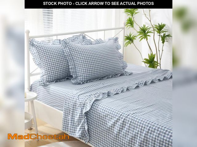 Lot 74-12217285 - K MASANIJI Dust Blue White Plaid Ruffle Sheets Queen Size 4-Piece Set, 300TC 100% Yarn Dyed Cotton S...