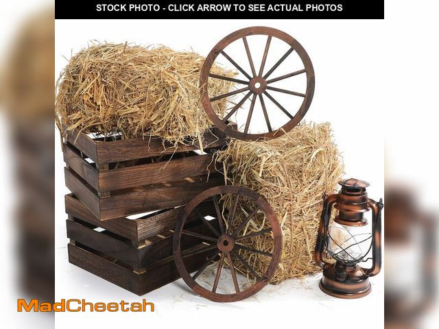 Lot 74-14267617 - GliCraft 6 Pack 13 x 9 x 6 Inch Straw Hay Bale Stack Decoration Set Rustic Wooden Wagon Wheel Natura...