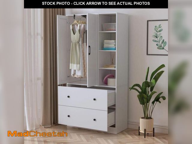 Lot 74-12491922 - FUFU&amp;GAGA White Wood Armoires Wardrobe W/Mirror, Pulling Hanging Rod, Drawers and Shelves( 15.8 ...