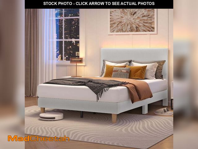 Lot 74-13774933 - Bestier Corduroy Upholstered Full Bed Frame with Adjustable Headboard, Platform Bed Frame with LED L...