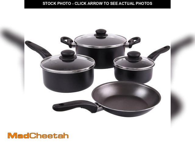 Lot 74-12537344 - Mainstays 7 Piece Non Stick Aluminium, Pots and Pans Cookware Set, Black - UNUSED
