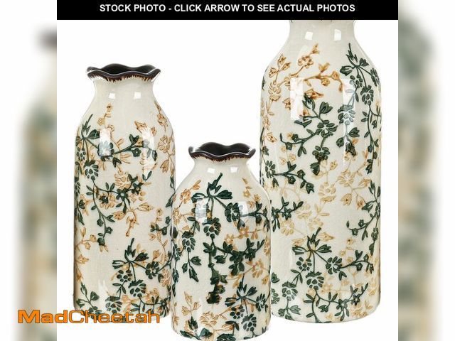 Lot 74-13546541 - Ninehaoou 3 Pcs Green and Beige Vintage Vase Ceramic Chinoiserie Floral Vase Cracked for Rustic Home...