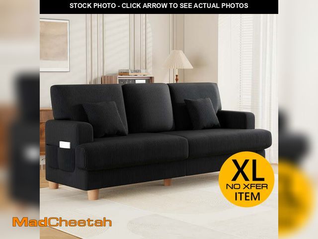 Lot 74-12596842 - 3 Seater Sofa for Living Room, AAQZ 87" Comfy Corduroy Couch, Solid Wood Leg, 2 Pillows, Black - UNU...