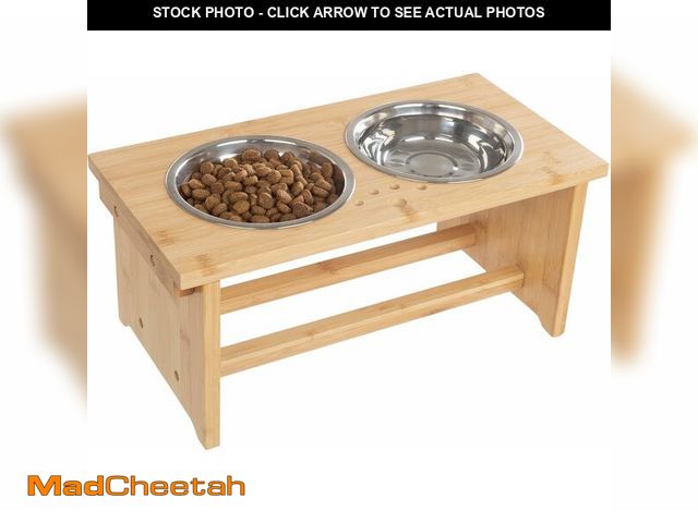 Lot 74-12544008 - Elevated Dog Bowls with Stand - 7-Inch Nonslip Bamboo Dog Feeder with 2 Stainless-Steel Pet Bowls - ...