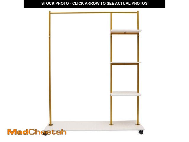 Lot 74-14275893 - YIYIBYUS Gold Metal Clothes Rack Home Storage Garment Stand with 4-Tier Shelves &amp; Universal whee...