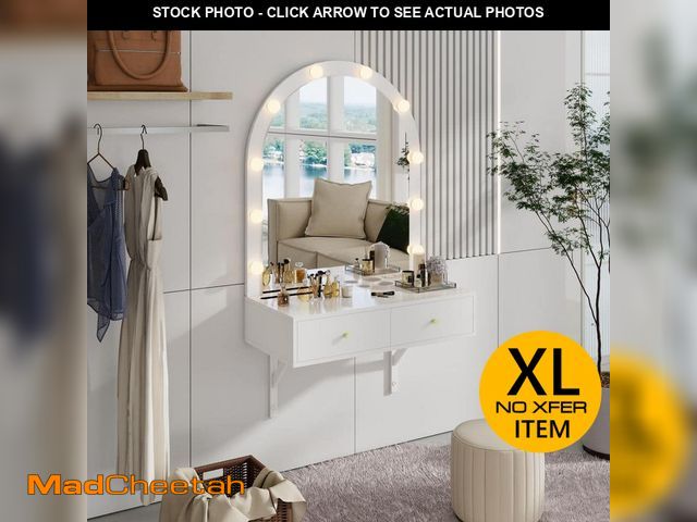 Lot 74-12746581 - Harper &amp; Bright Designs Floating Wall White Makeup Vanity Table with Mirror, LED Lights, Power O...