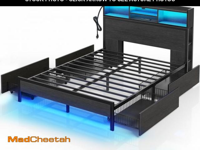 Lot 74-12359149 - Rolanstar Full Bed Frame with Storage Headboard, Metal Platform Bed with Charging Station, LED, 4 Dr...