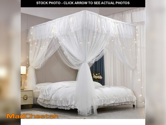 Lot 74-12707089 - VETHIN 4 Corners Post Ruffle Princess Bed Canopy Curtain-Double Layer Cozy Drape Netting 4 Opening M...