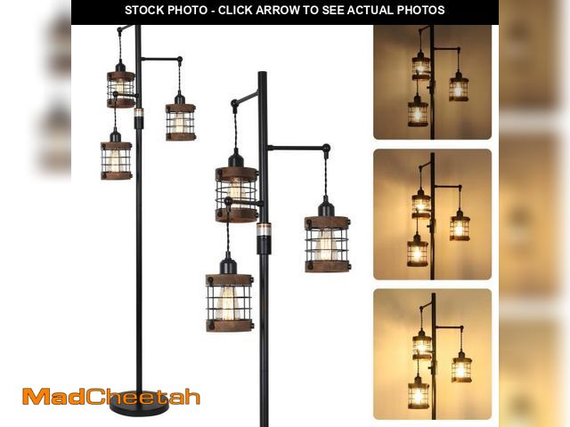 Lot 74-11546055 - Airposta Dimmable Floor Lamps for Living Room, 3-Light Industrial Floor Lamp with Wood &amp; Metal C...