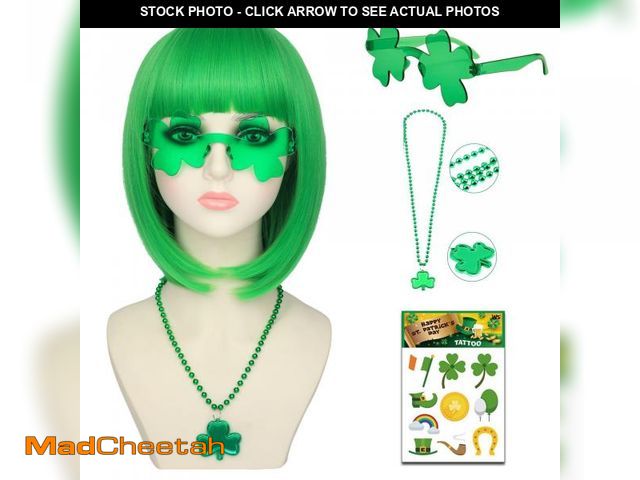 Lot 74-11548724 - Deifor Green Bob Short Straight Women Bangs Wig With Clover Necklace and Four-leaf Clover Glasses an...