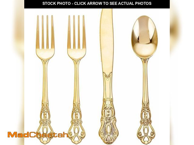 Lot 74-14381913 - Joyido 200PCS Gold Plastic Silverware - Heavy Duty Elegant Disposable Utensils - Gold Plastic Cutler...