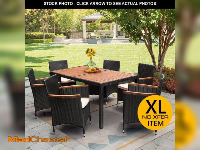Lot 74-14285293 - Tozey 7-Piece Acacia and Wicker Outdoor Dining Set with Beige Cushions - UNUSED