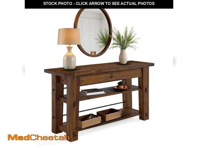 Lot 74-12389485 - Durango 54-Inch Farmhouse-Industrial Style Wood Console Table with Two Open Shelves, Solid Wood Top,...