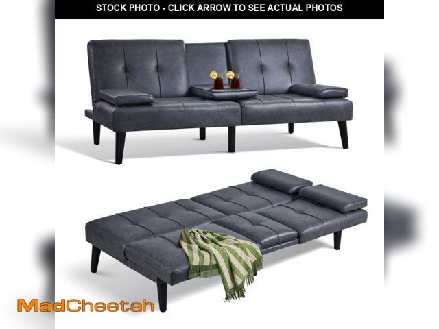 Lot 74-12193222 - COLAMY Leather Futon Sofa Bed - Small Couch With Cup Holder, Removable Armrest, Adjustable Backrest ...