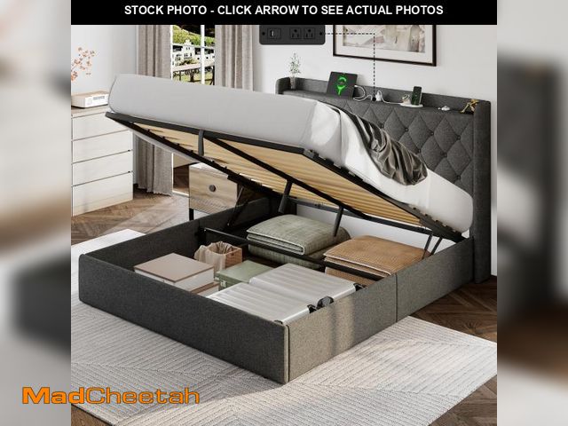 Lot 74-12393913 - Einhomn Queen Size Lift Up Storage Bed Frame with Charging Station, Upholstered Bed Frame with Stora...