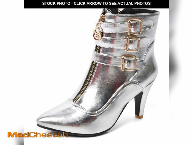 Lot 74-13572036 - MEOTINA Silver Ankle Boots for Women Dressy Kitten Heel Pointed Toe Booties Buckle High Heeled Metal...