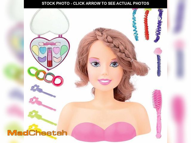 Lot 74-13545643 - Makeup and Hair Styling Doll Head Toy Kit - Kids Pretend Play Set with Real Washable Cosmetics and S...