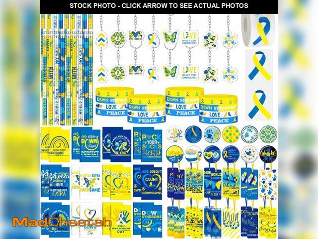 Lot 74-12343891 - Feifeiya 24 Sets Down Syndrome Awareness Items Include Blue Yellow Ribbon Silicone Bracelets Pin Not...
