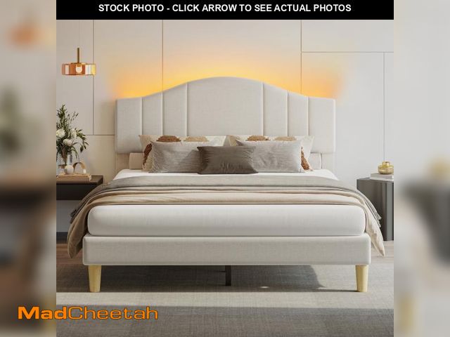 Lot 74-12158943 - Pinmoco Full Upholstered Bed Frame with Adjustable Arc-shaped Headboard, LED Platform Bed, Fabric Be...
