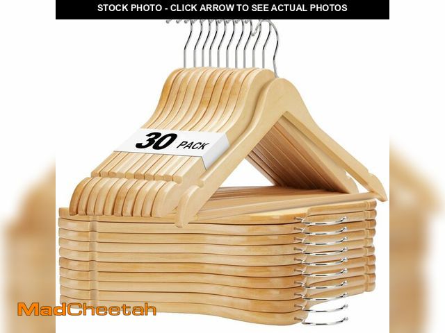 Lot 74-13570296 - HOUSE DAY Wooden Hangers 30 Pack, Solid Wood Clothes Hangers with Non Slip Pant Bar, Heavy Duty Wood...