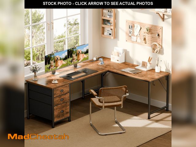 Lot 74-14603981 - Satifur 63 Inch Reversible L Shaped Corner Computer Desk, Rustic Home Office Desk with 3 US AC Outle...